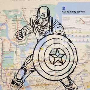 Handpainted Captain America Avengers Acrylic Art 23x32" on a NYC Subway map